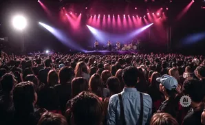 A crowd watches a band perform on a stage lit by pink and purple lights.