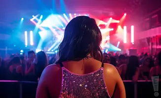 Woman in sequined top at a concert with colorful stage lights.