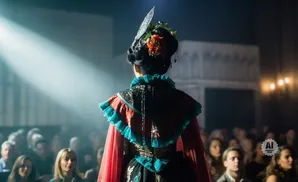 Woman in elaborate costume with ornate headpiece and ruffled cape on stage, spotlighted before an audience.