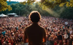 A performer faces a large, cheering crowd at an outdoor concert.