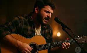 A man in a plaid shirt sings into a microphone while playing an acoustic guitar.