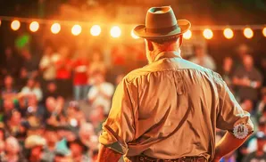 Man in a cowboy hat and light brown shirt stands with back to camera, facing an audience under warm string lights.