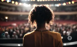 Back view of a woman with curly hair on a stage, facing a large audience with blurred lights.