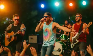 A band performs on stage with colorful lights and a cheering crowd in the foreground.