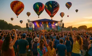 A large crowd watches a band perform on a stage with hot air balloons in the sky at sunset.