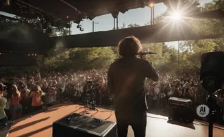 Singer performing for a large crowd at an outdoor concert venue.