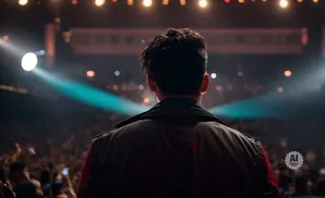 Man in a jacket stands facing a large, cheering crowd at a concert with bright stage lights.