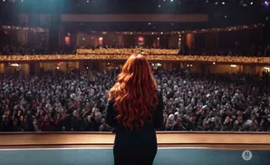 A woman with long red hair faces a large, applauding audience in a theater.