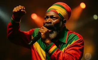 A man in a red, yellow, and green cap and shirt with a raised fist, singing into a microphone.