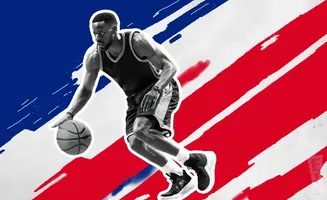 A Black basketball player dribbles a ball against a backdrop of red, white, and blue brush strokes.