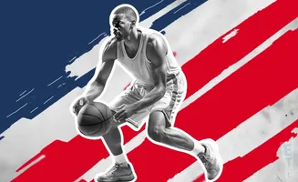 A Black basketball player dribbles a ball with a red, white, and blue abstract background.