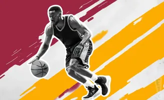 A basketball player dribbles a ball on a graphic background with red and yellow stripes.