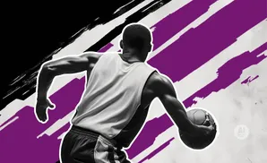A Black basketball player in a white tank top dribbles a ball against a background of black, purple, and white brush strokes.