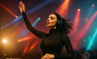 Woman DJ with headphones and arm raised in a club with colorful lights.