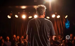 Man on stage facing away from the camera, illuminated by stage lights, with an audience watching.