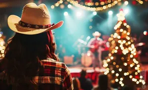 Woman in a cowboy hat watches a band play near a decorated Christmas tree.