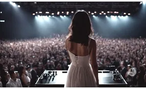 Singer in a white dress performs on stage for a large, cheering crowd.