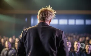 Back of a speaker in a suit with messy blonde hair, addressing a blurred audience.