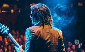 Musician with long dark hair and sunglasses plays guitar on stage with blue stage lights and smoke.