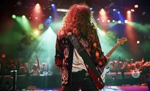 Guitarist with long curly hair plays on a stage with colorful lights and a cheering crowd in the background.