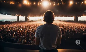 A performer stands on stage, facing a massive crowd at a concert with bright stage lights.