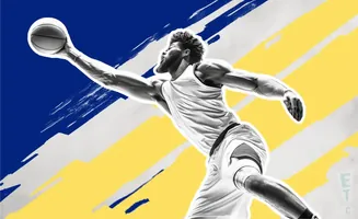 A Black basketball player dunks a ball against a blue and yellow background.