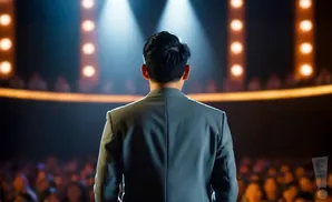 Man in a suit on stage facing an audience, illuminated by spotlights and stage lights.