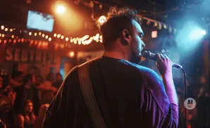 Man singing into a microphone on a stage with colorful lights and a crowd.