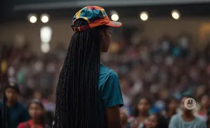 A person with dreadlocks and a colorful cap stands in front of a blurred audience.
