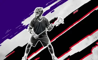 A black and white image of a lacrosse player with a purple and black background with red and white abstract lines.