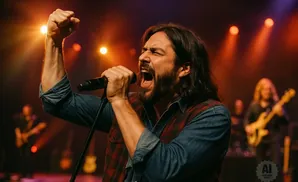 A male singer belts into a microphone on stage with his fist raised, bathed in warm stage lights.