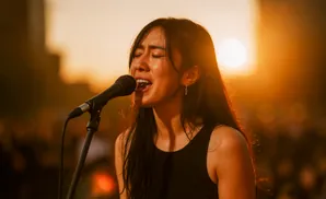 A woman sings passionately into a microphone at sunset, bathed in warm golden light.