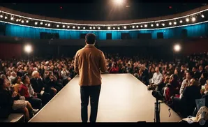 A speaker stands on a runway facing a large audience in a theater.
