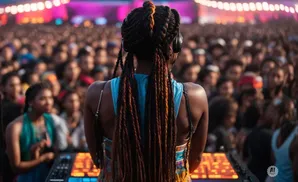 A DJ with long braided hair plays for a large crowd at an outdoor concert.