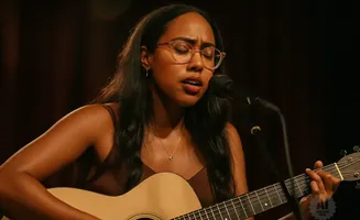 Woman with long dark hair wearing glasses and a brown dress sings into a microphone while playing an acoustic guitar.
