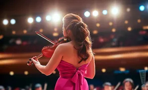 A woman in a pink dress plays the violin on stage, with blurred lights in the background.