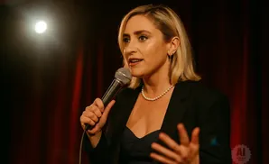 A blonde woman in a black blazer and pearl necklace holds a microphone, speaking on a stage with a red curtain.