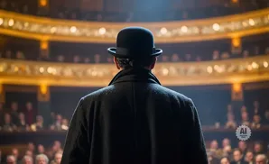 Man in a bowler hat and dark coat facing an audience in a theater.