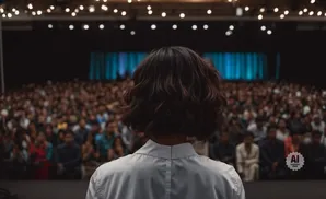 A speaker faces a large, blurred audience in a conference hall.