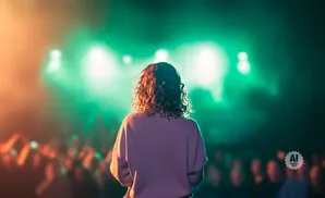 Person facing away from camera on a stage, with crowd and stage lights in background.
