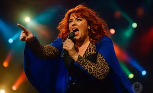 A singer with red hair and a leopard print top, wearing a blue cape and singing into a microphone on a stage.