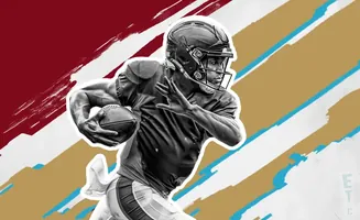 American football player in mid-stride, holding a football, with a graphic background of red, gold, and blue stripes.