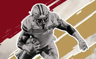 American football player running with ball, in front of a red and gold diagonal background.