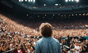 A singer in a striped shirt faces a massive, cheering crowd at an outdoor concert, many holding up cameras.