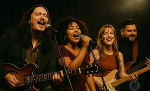 A band performs on stage with four musicians singing and playing guitars.