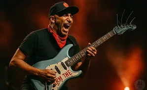 Man playing a light blue electric guitar, wearing a black cap and red bandana, with 