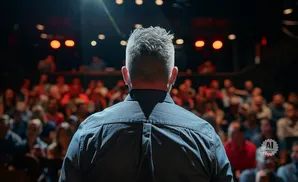 Man on stage facing audience, with red stage lights and bokeh effect.
