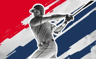 A baseball player swings a bat against a red, white, and blue background.