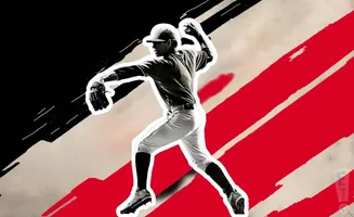 A baseball pitcher in mid-throw against a graphic background of red, black, and beige stripes.