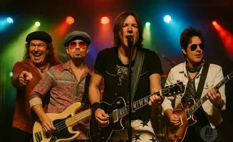 A rock band performs on stage with colorful lights.